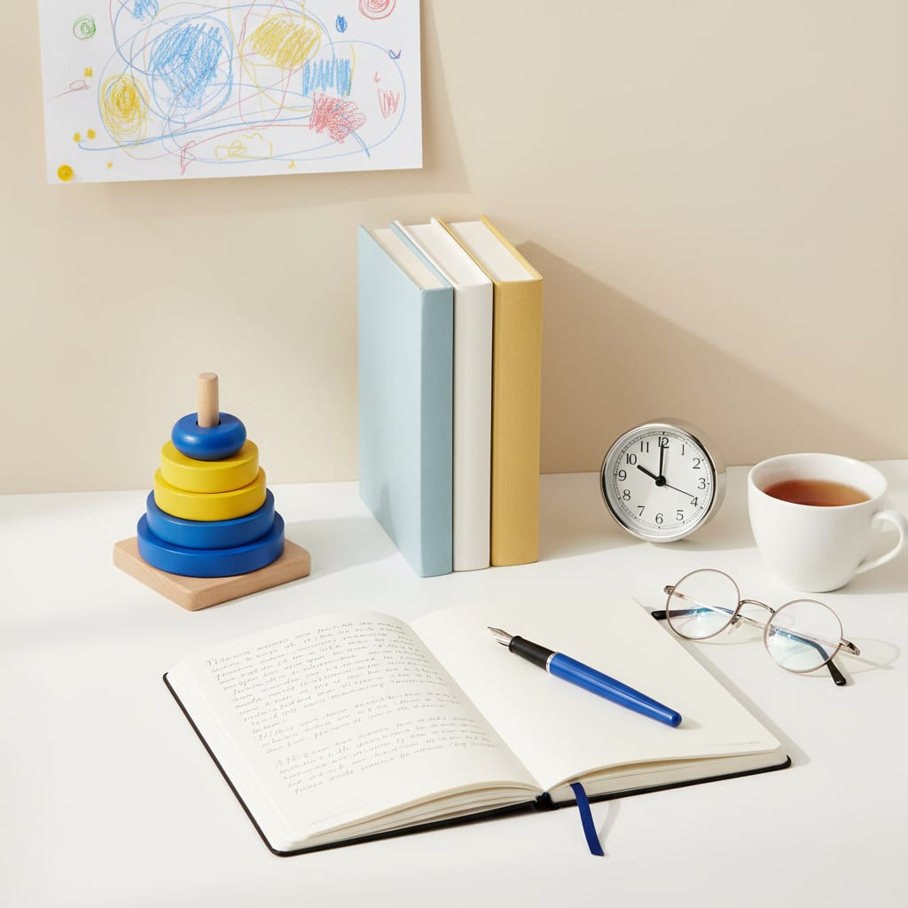 Camille Ortega's desk with a toddler development reference book, wooden stacking toy and sleep log